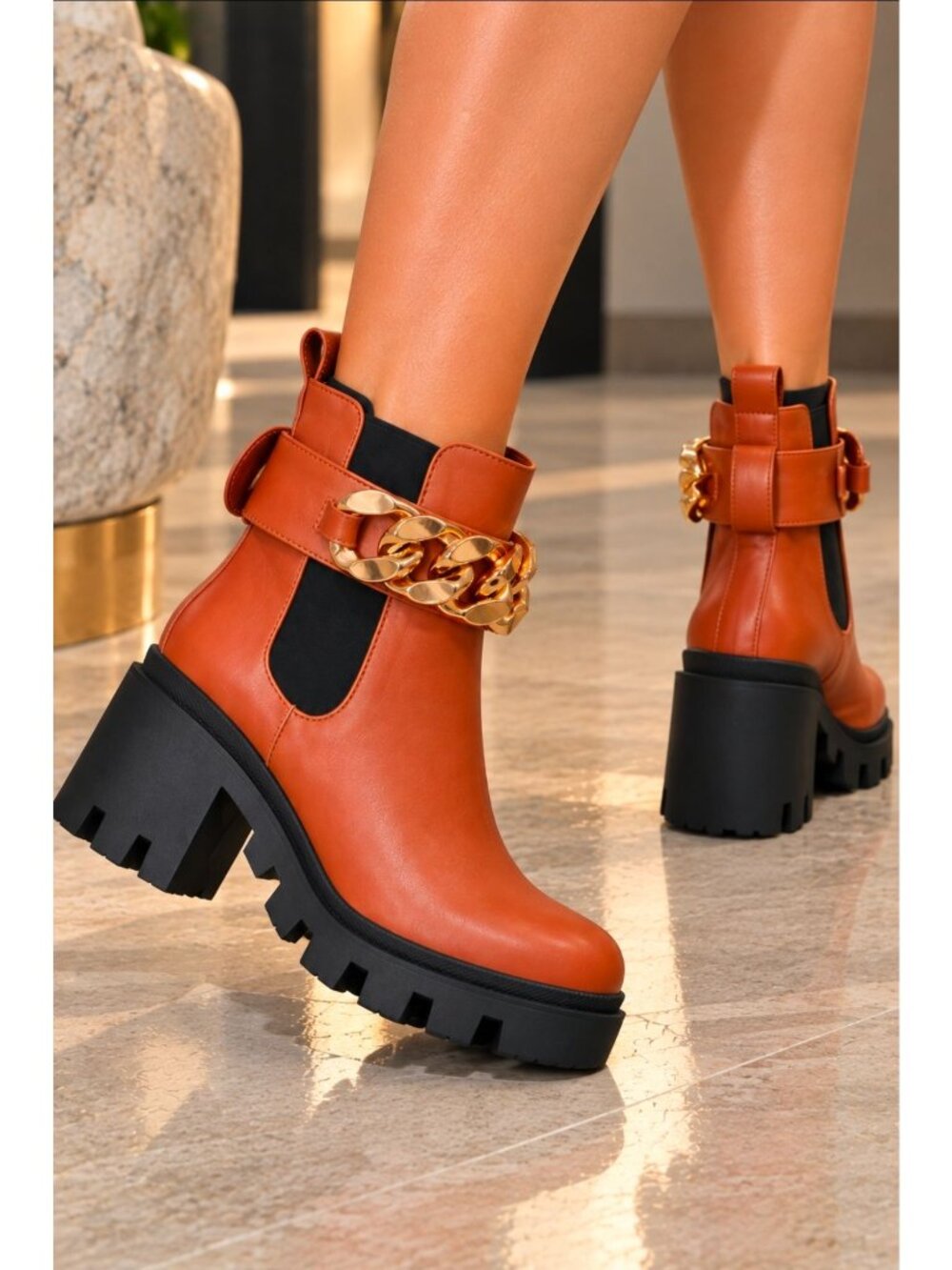 Tan Chunky Heel Ankle Boots With Gold Chain Accent & Lug Sole Design – Womens St